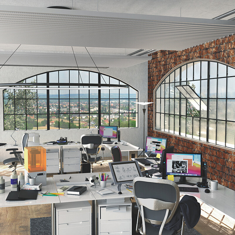 Rendering Zehnder ZFP Urban Heating and cooling ceiling system Angled view